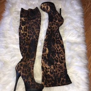 Burlesque Over The Knee Rhinestone Leopard Boots